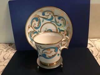 Vtg 1950’s Royal Chelsea England Footed Teacup & Saucer Hd Pd Gold & Blue Swirls