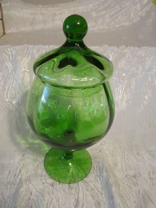 Clear Green Glass Footed Covered Candy Jar 10 "