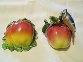 Vintage Apple Wall Pockets - One With Blue Jay - Both With Gorgeous Color