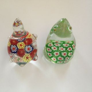 Vintage Art Glass Murano Style Millefiori Paperweights Frog & Seal Made In China