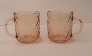 One Set Of 2 Arcoroc France Rosaline Pink Swirl Glass Coffee Tea Mugs