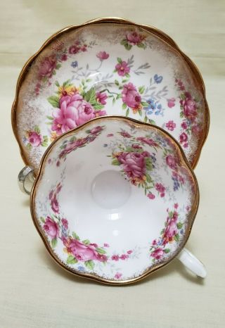 Vintage Royal Albert Fancy Footed Cup And Saucer Pink Roses Heavy Gilt