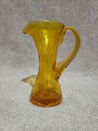 Cute Hand Blown Yellow Crackle Glass Mini Pitcher,  Bud Vase.  5 1/2 In