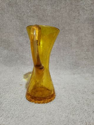 CUTE HAND BLOWN YELLOW CRACKLE GLASS MINI PITCHER,  BUD VASE.  5 1/2 IN 2