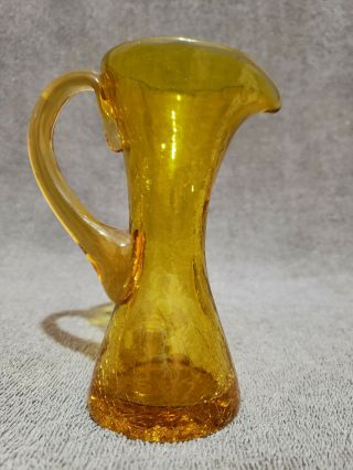 CUTE HAND BLOWN YELLOW CRACKLE GLASS MINI PITCHER,  BUD VASE.  5 1/2 IN 3