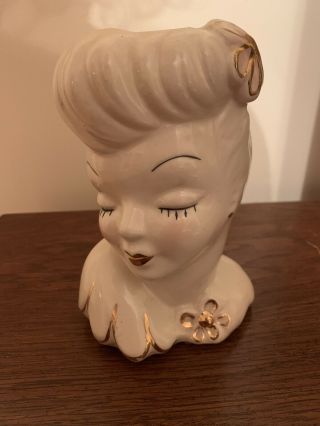 Vintage 5 " Glamour Girl Lady Head Vase Usa Gold Trim Head Vase Headvase