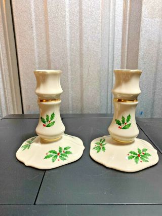 Lenox China Holiday Holly Berries Gold Trim Candle Holders Made U.  S.  A.