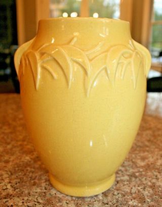 Vintage Mccoy Pottery 8 " Yellow Double Handled Vase With A Leaf Pattern