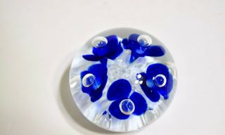 Vintage Joe St.  Clair Art Glass Paperweight Blue Flowers With White Bottom.