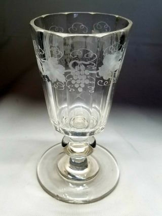 Early Panel Cut Copper Wheel Engraved Water Glass With Grapes & Leaves