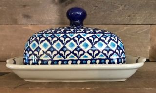 Vintage Boleslawiec Polish Pottery Covered Cheese/butter Dish Blue White Euc