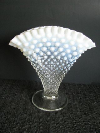 Vintage Fenton Glass Hobnail White Opalescent 8 " Fan Vase