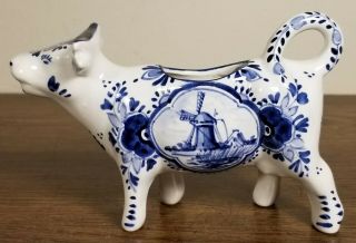 Vintage Delft Blue Holland Hand Painted Cow Creamer Pitcher Flowers And Windmill