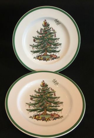2 Spode China Christmas Tree 10 3/4 " Dinner Plates - England - S3324l