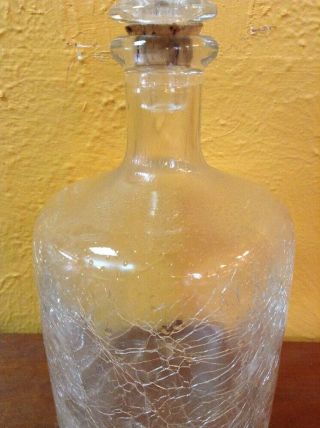 Vintage Blenko Glass Crystal Clear Crackle Decanter W/ Tear Drop Stopper