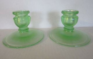 Fenton Florentine Green Stretch Iridescent Glass Candle Stick Holders