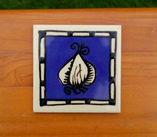 Ursula Dodge 1996 Hand Painted Garlic Blue 4 1/8 " Tile Trivet Coaster Signed