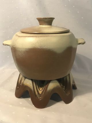 Vintage Frankoma Pottery Bean Pot 5w 3 Qt Desert Gold With Warmer And Lid