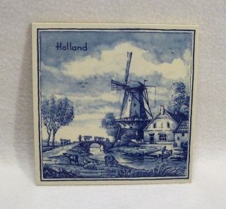 Delft Farm Tile Hand Painted Glazed Ceramic Windmill Holland Dutch Blue Blauw