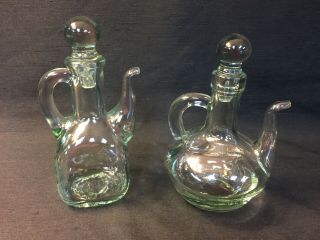 Pair Vintage Green Glass Art Oil Vinegar Cruet W/ Spout & Stopper