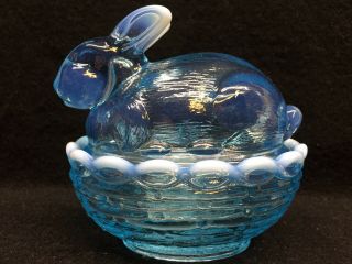 Blue Opalescent Glass Bunny Rabbit On Nest Basket Candy Dish Easter Eggs Butter