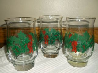 Vtg Libby Christmas Drink Glasses Holly Berries Bow (3)