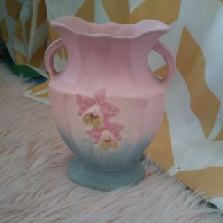Hull Vintage Pink Purple Ceramic Iris Floral Double Handle Vase