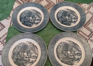 (4) Royal China Currier And Ives 10 " Dinner Plate Old Grist Mill Set Of 4