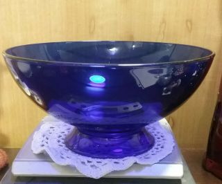 Vintage Cobalt Blue Glass Bowl On Pedestal 8” Diameter