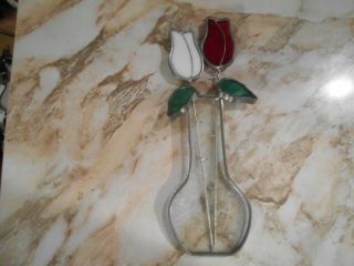 Tiffany & Co.  Stained Glass Suncatcher Vase W Red & White Roses
