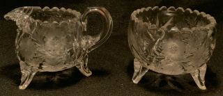 Antique Abp Footed Cut Glass Sugar & Creamer Set W/ Flowers & Sawtooth Rims