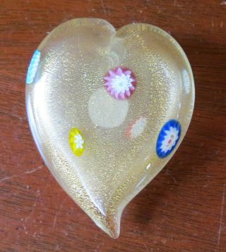 Murano Art Glass Heart Paperweight Gold Aventurine Millefiori Canes
