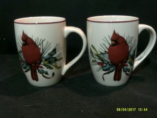 2 Lenox Winter Greetings Red Bird Porcelain Mugs 4 1/2 "