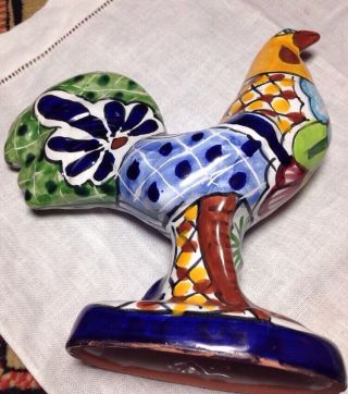 Game Cock Rooster Mexican Pottery; Signed Hand Crafted And Painted; No Comb