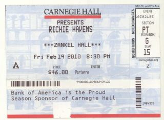 Rare Richie Havens 2/19/10 York City Ny Zankel Hall Concert Ticket Stub Nyc