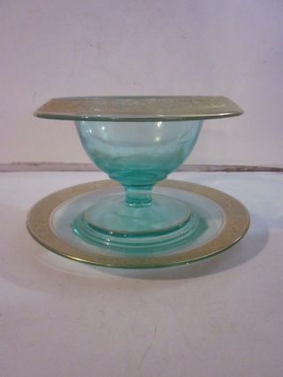 Vintage Teal Green Glass Gold Trim Under Plate And Serving Bowl