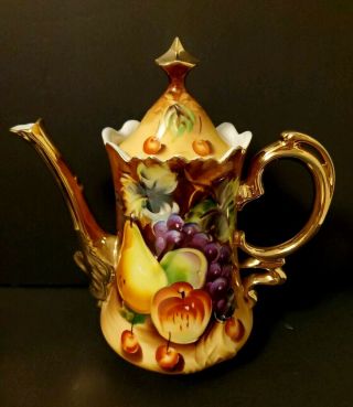 Vintage Lefton Japan Fine China Tea Pot H/painted Heritage Fruit & Gold 9 " L@@k