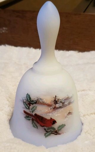 Fenton Hand Painted Cardinal In The Churchyard Satin Bell Birds In Winter
