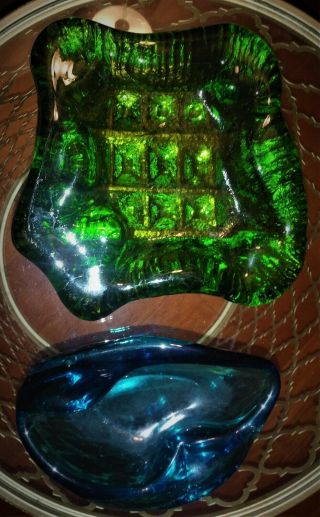 Vintage Mcm Blenko Glass Freeform Ashtrays Blue And Green