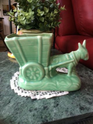 Vtg Art Pottery Green Donkey Pulling Cart Planter - Mccoy?