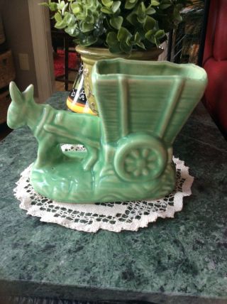 VTG Art Pottery Green Donkey Pulling Cart Planter - McCoy? 2