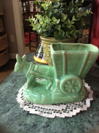 VTG Art Pottery Green Donkey Pulling Cart Planter - McCoy? 4
