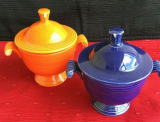 2 Vintage Fiesta Sugar Bowls - Red & Blue - Both Covers Have A Chip