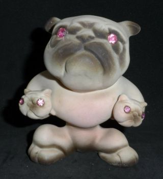 Vintage Roselane Usa California Mama Bulldog Babies Pottery Figurine Jewel Eyes