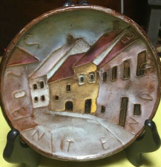 Small Wall Plate Or Trinket Bowl Street Scene Hand - Made Pottery Folk Art Signed