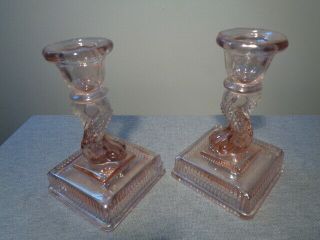 Pair Imperial Glass Pink Iridescent Koi Dolphin Candlesticks Candle Holders