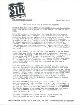 The Cure,  Cool Official Publicity Company Press Release,  March 1992,  High,  Wish