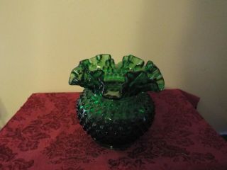 Vintage Pre - Logo Fenton Emerald Green Hobnail Vase Ruffle Top 5.  25 " T X 6 " A