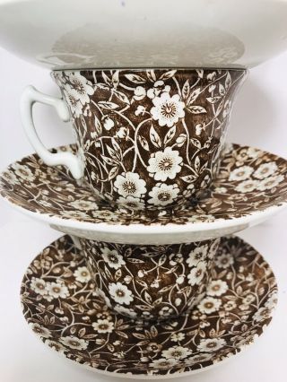 4 Brown Calico Cups & Saucers Set Crownford China Staffordshire England Chintz