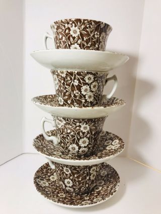 4 Brown Calico Cups & Saucers Set Crownford China Staffordshire England Chintz 2